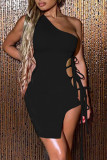 Khaki Fashion Sexy Solid Hollowed Out Strap Design One Shoulder Sleeveless Dress