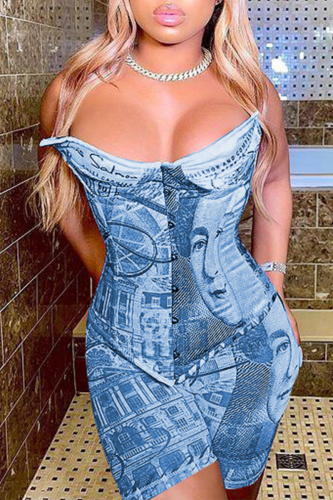 Blue Sexy Print Patchwork Off the Shoulder Sleeveless Two Pieces