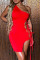 Red Fashion Sexy Solid Hollowed Out Strap Design One Shoulder Sleeveless Dress