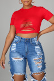 Red Sexy Casual Solid Ripped Hollowed Out O Neck T-Shirts