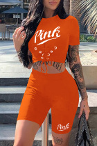 Orange Sexy Casual Letter Print Strap Design O Neck Short Sleeve Two Pieces