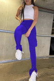 Blue Fashion Casual Solid Slit Regular High Waist Conventional Solid Trousers