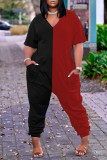 Black Red Fashion Casual Solid Split Joint V Neck Plus Size Jumpsuits