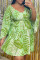 Green Fashion Casual Print Basic V Neck Long Sleeve Plus Size Dresses