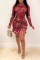 Red Sexy Sleeve Long Sleeve Half A Turtleneck Asymmetrical Mini Print Dresses