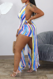 Blue Sexy Striped Draw String V Neck Sleeveless Two Pieces