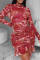 Red Sexy Sleeve Long Sleeve Half A Turtleneck Asymmetrical Mini Print Dresses