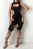 Black Fashion Sexy Solid Hollowed Out Turtleneck Skinny Romper