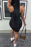 Black Fashion Sexy Striped Print Backless V Neck Vest Dress