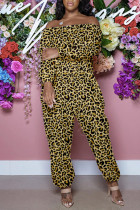 Leopard Print Fashion Casual Print Basic Off the Shoulder Regular Jumpsuits