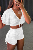 White Fashion Casual Solid Strap Design V Neck Short Sleeve Two Pieces