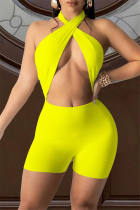 Yellow Sexy Solid Hollowed Out Backless Strap Design Halter Skinny Romper