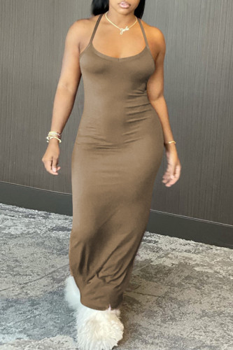 Dark Khaki Sexy Casual Solid Backless Spaghetti Strap Sleeveless Dress