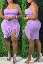 Purple Fashion Sexy Plus Size Solid Draw String Backless Spaghetti Strap Sleeveless Dress