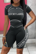 Black Sexy Print Letter O Neck Short Sleeve Two Pieces