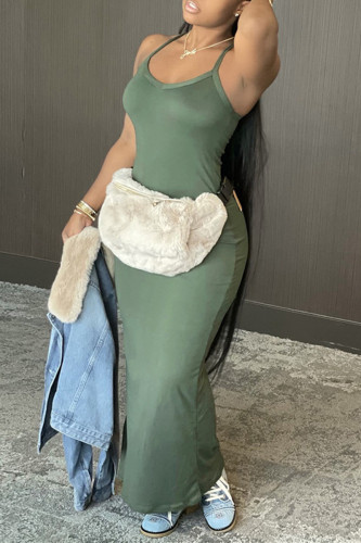 Green Sexy Casual Solid Backless Spaghetti Strap Sleeveless Dress