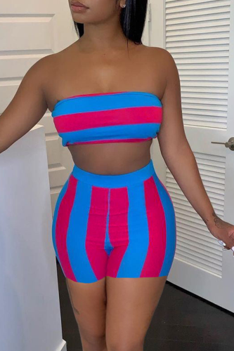 Blue Sexy Striped Patchwork Off the Shoulder Sleeveless Two Pieces