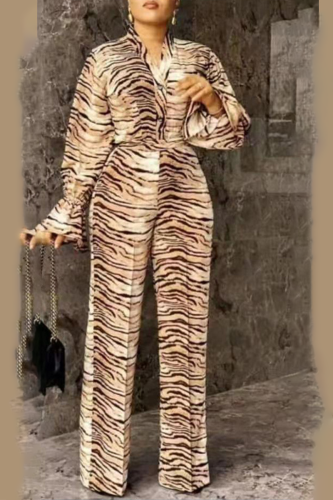 Leopard Print Casual Leopard Patchwork Turndown Collar Plus Size Two Pieces
