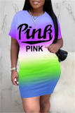 Pink Fashion Casual Letter Print Basic O Neck Pencil Dresses