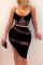 Black Fashion Sexy Patchwork See-through Spaghetti Strap Sleeveless Two Pieces