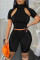 Black Sexy Casual Solid Hollowed Out Turtleneck Short Sleeve Two Pieces