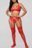 Rose Red Sexy Patchwork Hollowed Out See-through Lingerie