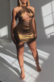 Gold Sexy Solid Hollowed Out Backless Sleeveless Dress