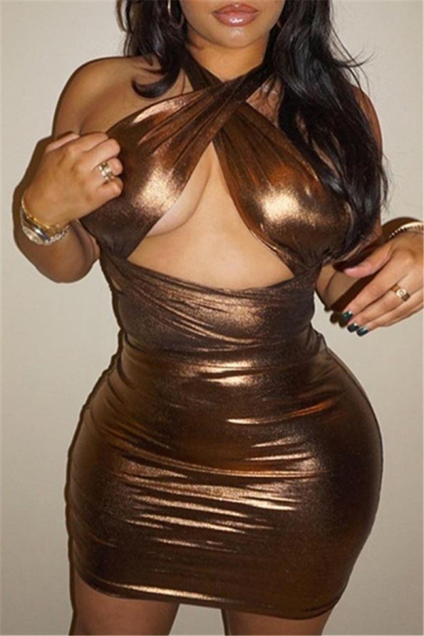 Gold Sexy Solid Hollowed Out Backless Sleeveless Dress