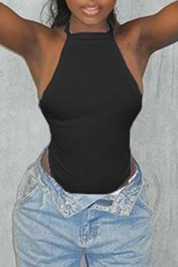 Black Fashion Sexy Solid Backless O Neck Skinny Romper