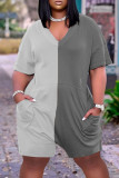 Grey Fashion Casual Solid Patchwork V Neck Loose Romper