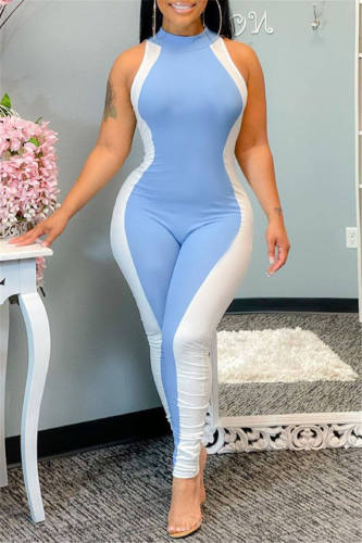 Blue Fashion Casual Patchwork Basic O Neck Regular Jumpsuits