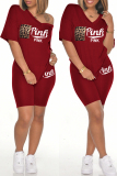 Burgundy Fashion Casual Letter Print Pocket V Neck Short Sleeve Two Pieces