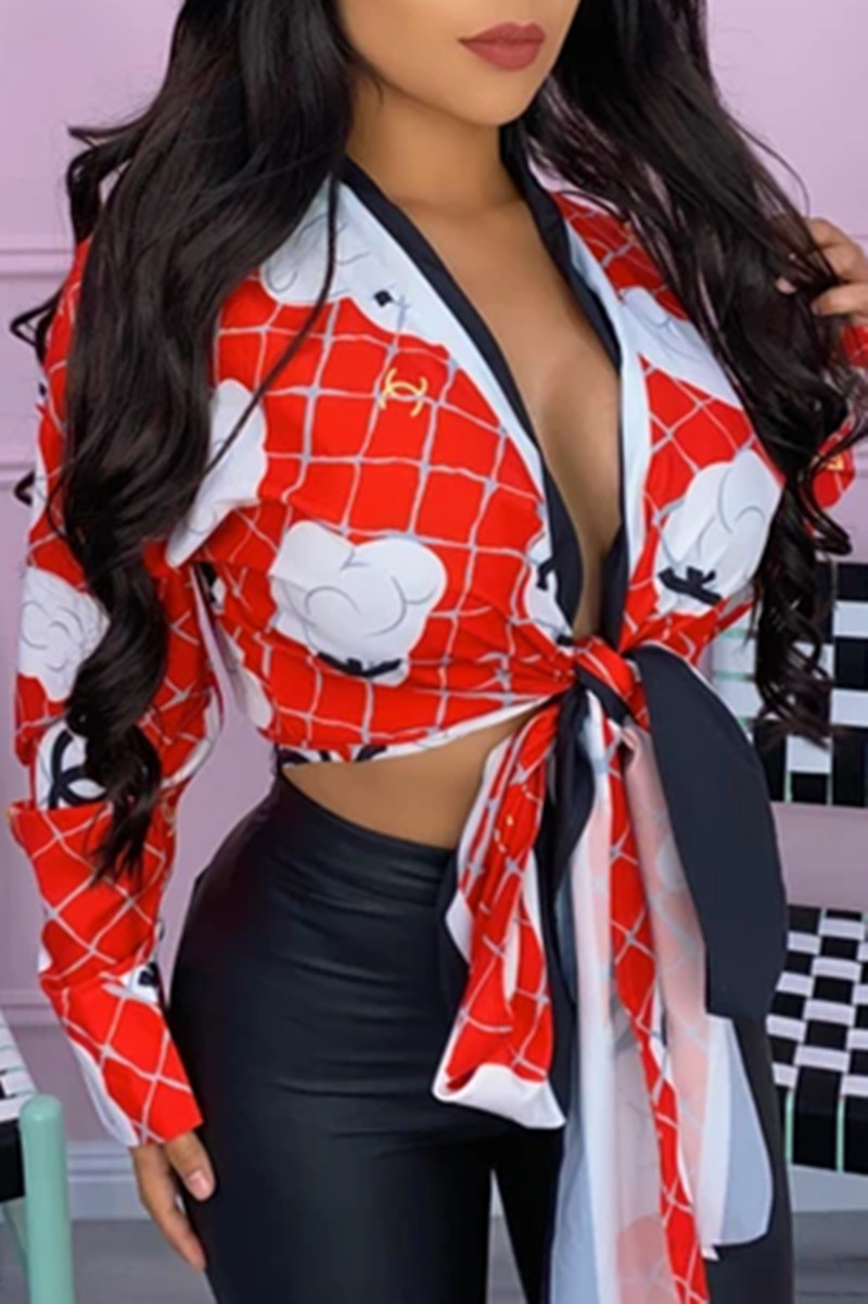 

Red White Fashion Casual Print Strap Design Turndown Collar Tops