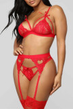 Rose Red Sexy Patchwork Hollowed Out See-through Lingerie