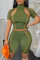 Army Green Sexy Casual Solid Hollowed Out Turtleneck Short Sleeve Two Pieces