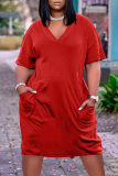 Red Fashion Casual Solid Basic V Neck Short Sleeve Dress