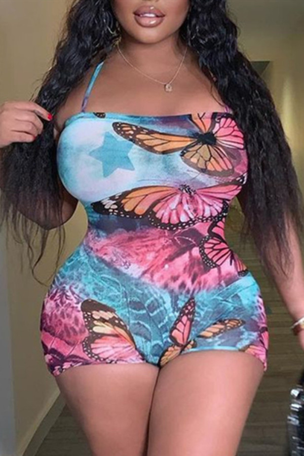 Pink Fashion Sexy Butterfly Print Backless Spaghetti Strap Skinny Romper