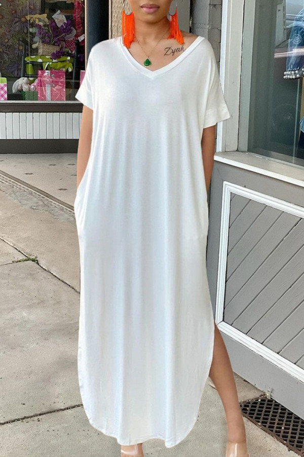 White Fashion Casual Solid Slit V Neck Short Sleeve Dress