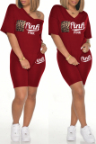Burgundy Fashion Casual Letter Print Pocket V Neck Short Sleeve Two Pieces