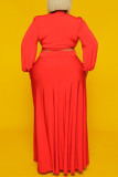 Red Fashion Sexy V Neck Long Sleeve Regular Sleeve Print Plus Size Set