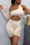 White Sexy Solid Hollowed Out One Shoulder Skinny Rompers