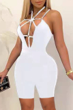 Blue Fashion Sexy Solid Hollowed Out Backless Spaghetti Strap Skinny Romper