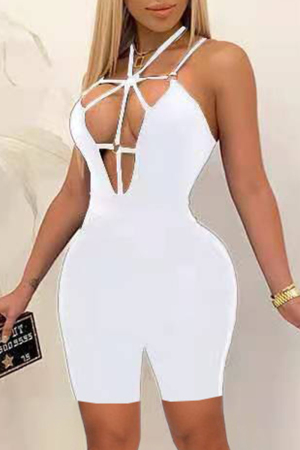 White Fashion Sexy Solid Hollowed Out Backless Spaghetti Strap Skinny Romper