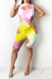 Yellow Fashion Sexy Print Tie Dye Hollowed Out O Neck Skinny Romper