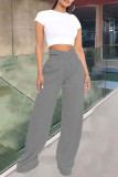 Grey Fashion Casual Solid Patchwork Regular High Waist Trousers