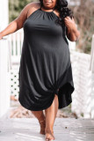 Black Sexy Casual Plus Size Solid Backless O Neck Sleeveless Dress