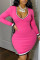 Rose Red Sexy Casual Solid Split Joint V Neck Long Sleeve Plus Size Dresses