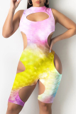 Yellow Fashion Sexy Print Tie Dye Hollowed Out O Neck Skinny Romper