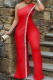 Red Sexy Solid Sequins One Shoulder Skinny Jumpsuits