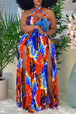 Multicolor Fashion Sexy Plus Size Print Backless Slit Halter Sleeveless Dress